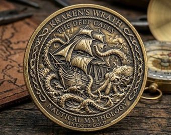 Pièce du défi Kraken, argent antique, navire de la mythologie nautique, jeton de poche, breloque marin porte-bonheur, cadeau pirate cool pour lui, anniversaire des hommes