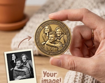 Pièce photo personnalisée, pièce défi portrait de famille personnalisée, jeton en bronze gravé, cadeau d'anniversaire pour les parents, cadeau photo 3D en relief
