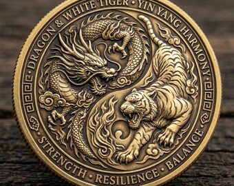 Pièce de défi Yin Yang Dragon tigre Feng Shui jeton de poche cadeau spirituel pour anniversaire méditation porte-bonheur