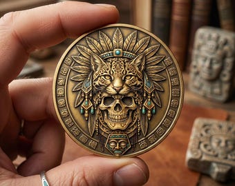 Jaguar Skull Medallion Vintage Aztec Collector Coin Personalized Engraved Gift for Him Birthday
