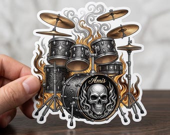 Sticker vinyle rock batterie Skull Flames - Sticker musique durable pour batteurs, groupes métal, ordinateurs portables et étuis de guitare