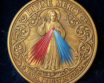 Divine Mercy Medallion Antique Gold Religious Prayer Token Custom Engraving Spiritual Gift for Baptism Communion Confirmation