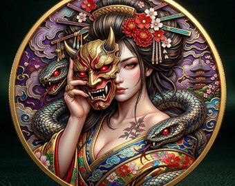 Pièce de monnaie Geisha Hannya, médaillon de serpent Irezumi japonais, jeton de poche porte-bonheur, cadeau art tatouage pour lui, souvenir d'anniversaire unique