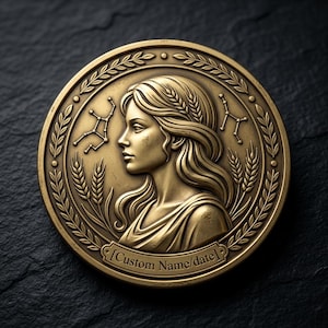 May include: A gold-colored coin featuring a profile of a woman with long flowing hair, surrounded by wheat stalks and constellations. The coin has a banner at the bottom with the text "[Custom Name/date]" and is set against a dark, textured background.