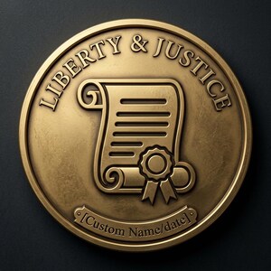 May include: A round, bronze-colored coin with the words "LIBERTY & JUSTICE" embossed around the edge. The coin features a scroll with a seal and the text "[Custom Name/date]" at the bottom.