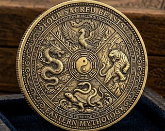 Pièce de monnaie Quatre bêtes sacrées de la mythologie orientale, jeton de poche Yin Yang, décoration de bureau, cadeau spirituel pour lui, cadeau d'anniversaire