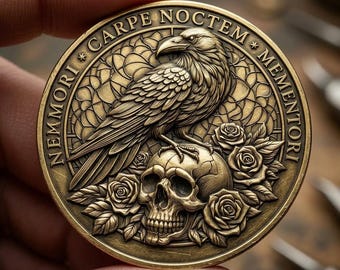 Raven Skull Coin Gothic Antique Brass Collectible Keepsake Personalized Engraving Perfect Gift for Halloween & Memorial