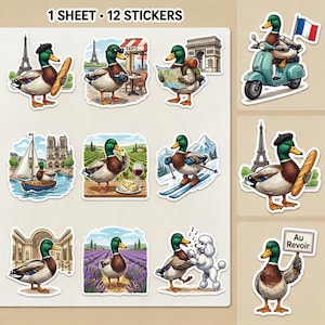 Sticker Sheet - Mallard Duck Travel Stickers for France, Paris, Eiffel Tower, Baguette, Lavender, Cafe