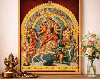 Durga Puja Wall Art – Ma Durga Slaying Mahishasura – Navaratri Hindu Goddess Shakti Decor