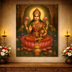 May include: A vibrant painting of a seated deity, adorned in red and gold garments, holding lotus flowers and a pot pouring gold coins. The artwork features a radiant halo, elephants, and lotus flowers, set against a backdrop of water and ornate architecture.