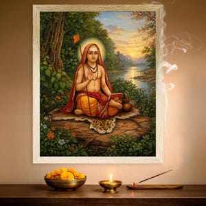 May include: A framed painting depicts a spiritual figure seated on a rock, surrounded by lush greenery and a river. The figure wears orange and red robes, holding a book and a staff with a flag. A halo surrounds the figure's head, and a leopard skin is beneath them.