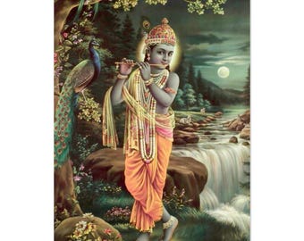 May include: A vibrant painting depicts a figure playing a flute near a waterfall. The figure wears a yellow and orange garment, adorned with jewelry. A peacock and other birds are perched in the lush green foliage. A full moon shines in the night sky.