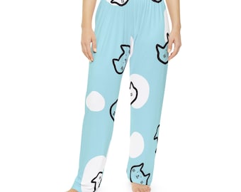 Pantalones de pijama con estampado de gato azul / Estampado integral de cara de gato adorable