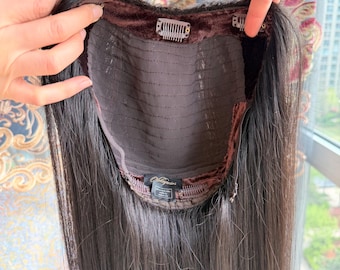 Custom-U Part 9"x10" Virgin Mongolian Hair Dark Brunette 3/4 Half Wig