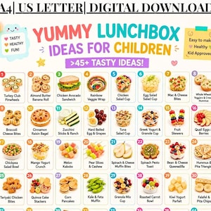 Könnte beinhalten: Ein digitaler Download-Plan mit dem Titel Yummy Lunchbox Ideas for Children mit über 45 Essensvorschlägen. Das Raster zeigt nummerierte Bilder verschiedener Mahlzeiten wie Truthahn-Röllchen, Obstspieße und Salate mit beschrifteten Texten.