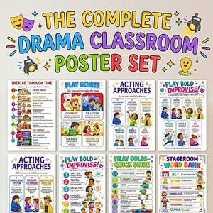 Könnte beinhalten: Ein Set aus elf Lehrplakaten mit dem Titel The Complete Drama Classroom Poster Set, das farbenfrohe Illustrationen und Texte zu Theatergeschichte, Spielgenres, Schauspielansätzen, Improvisation und einem Fachwortschatz für Schüler enthält.