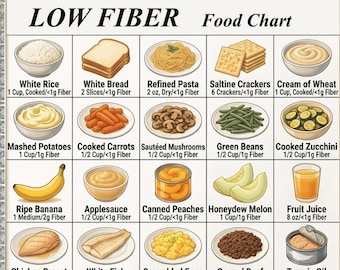 May include: A digital download food chart labeled "Low Fiber Food Chart" with illustrations of various foods, including white rice, bread, pasta, crackers, and fruits. Each food item is accompanied by its fiber content in grams.