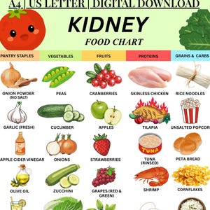 Tabla de alimentos para la salud renal (PDF), lista de alimentos imprimible para la dieta renal, lista de compras para la salud renal, lista de compras baja en potasio, tabla de alimentos bajos en sodio