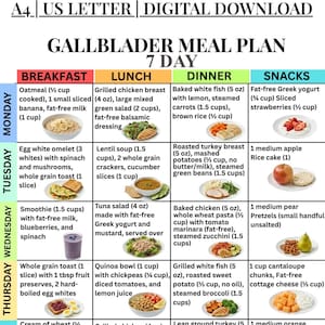 以下が含まれることがあります： 7日間の胆嚢ダイエットのデジタルダウンロード食事プラン。朝食、昼食、夕食、おやつのオプションがあります。このプランには、オンスとカップの測定値を使用したレシピが含まれており、さまざまな食品が紹介されています。