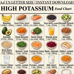 May include: A High Potassium Food Chart featuring a grid of various foods including bananas, salmon, beans, and vegetables. Each item is labeled with its name and potassium content in milligrams per serving size, such as 1 cup or 3 oz. The document is A4 and US Letter size.