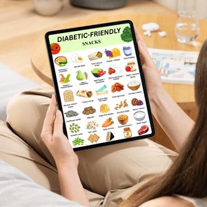 Puede incluir: Una persona sostiene una tableta que muestra una colorida infograf&iacute;a titulada "DIABETIC-FRIENDLY SNACKS". El gr&aacute;fico presenta ilustraciones de varios alimentos, incluyendo frutas, verduras y otras opciones de snacks saludables. La tableta se sostiene en un ambiente relajado.