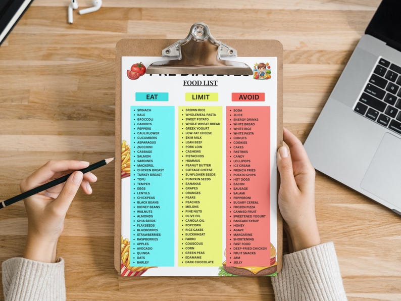 May include: A clipboard with a food list categorized into Eat, Limit, and Avoid sections. The list includes various food items like spinach, brown rice, and soda. A pencil is held near the list.