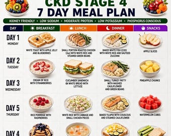 Könnte beinhalten: Ein digitaler Ernährungsplan mit dem Titel CKD STAGE 4 7 DAY MEAL PLAN für A4 und US Letter Formate. Das Raster zeigt Frühstücks-, Mittags-, Abendessen- und Snackoptionen für sieben Tage mit Bildern verschiedener Gerichte wie Toast und Reis.