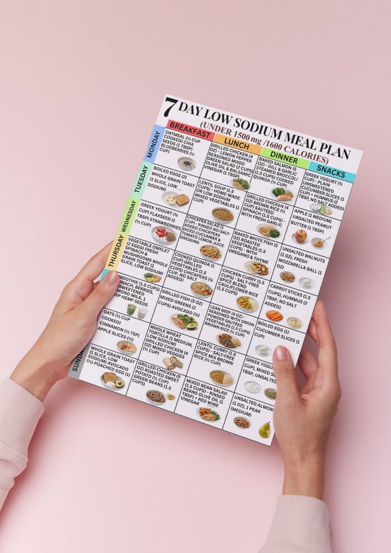 May include: A printed 7-day low sodium meal plan, held by hands. The plan includes breakfast, lunch, dinner, and snack options. The text on the plan is in black and blue, with food illustrations.