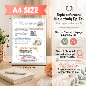 K&ouml;nnte beinhalten: Eine digitale Bible study tip-in Seite mit dem Titel Perseverance, die Aquarellillustrationen einer Schnecke und von Wanderstiefeln zeigt. Das Dokument enth&auml;lt Definitionen, Schriftstellen und Anwendungsschritte. Es misst 21 cm mal 29,7 cm.