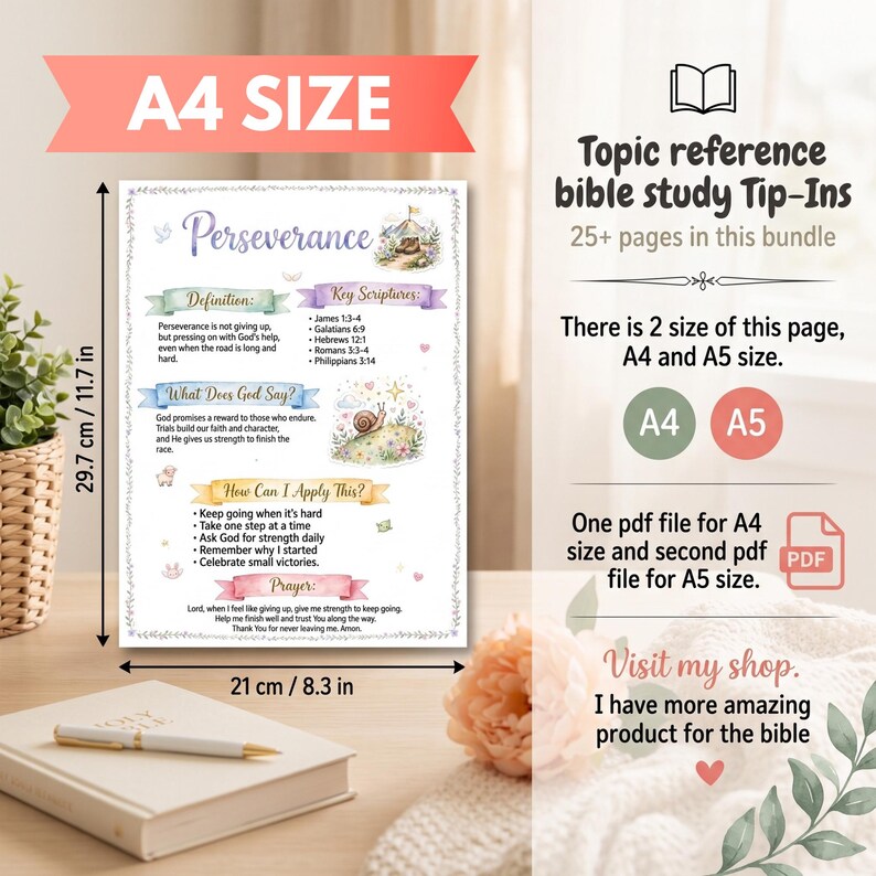 K&ouml;nnte beinhalten: Eine digitale Bible study tip-in Seite mit dem Titel Perseverance, die Aquarellillustrationen einer Schnecke und von Wanderstiefeln zeigt. Das Dokument enth&auml;lt Definitionen, Schriftstellen und Anwendungsschritte. Es misst 21 cm mal 29,7 cm.