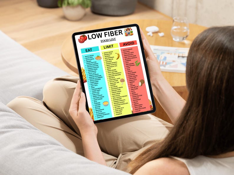 May include: A tablet displaying a "Low Fiber Food List" with sections for "Eat", "Limit", and "Avoid". The list includes various food items, with colorful graphics and text. The tablet is held by a person.