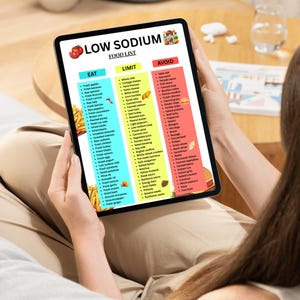 Puede incluir: Una tableta muestra una "Lista de alimentos bajos en sodio" con categor&iacute;as: Comer, Limitar y Evitar. La lista incluye frutas, verduras y otros alimentos. La tableta es sostenida por una persona sentada en un sof&aacute;.