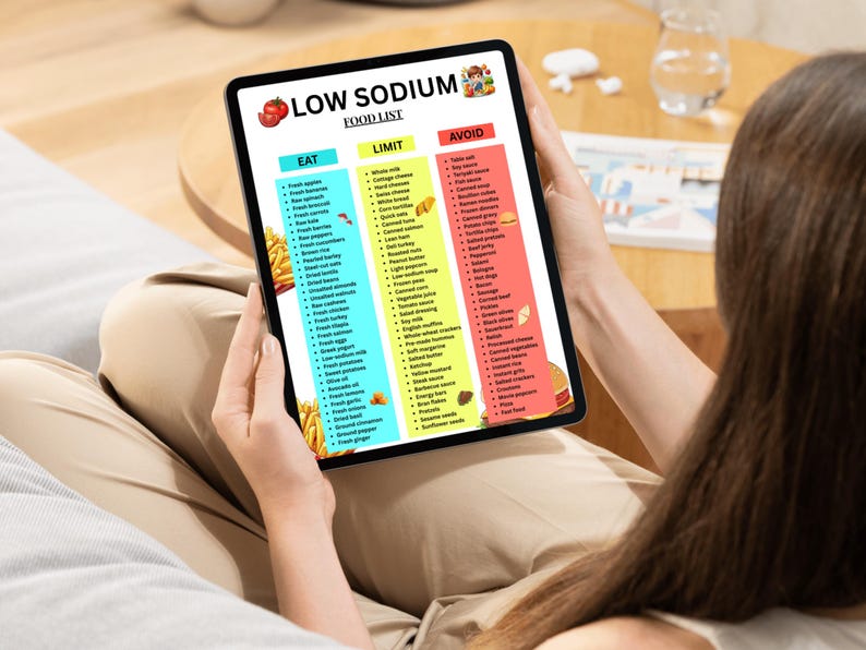 Puede incluir: Una tableta muestra una "Lista de alimentos bajos en sodio" con categor&iacute;as: Comer, Limitar y Evitar. La lista incluye frutas, verduras y otros alimentos. La tableta es sostenida por una persona sentada en un sof&aacute;.