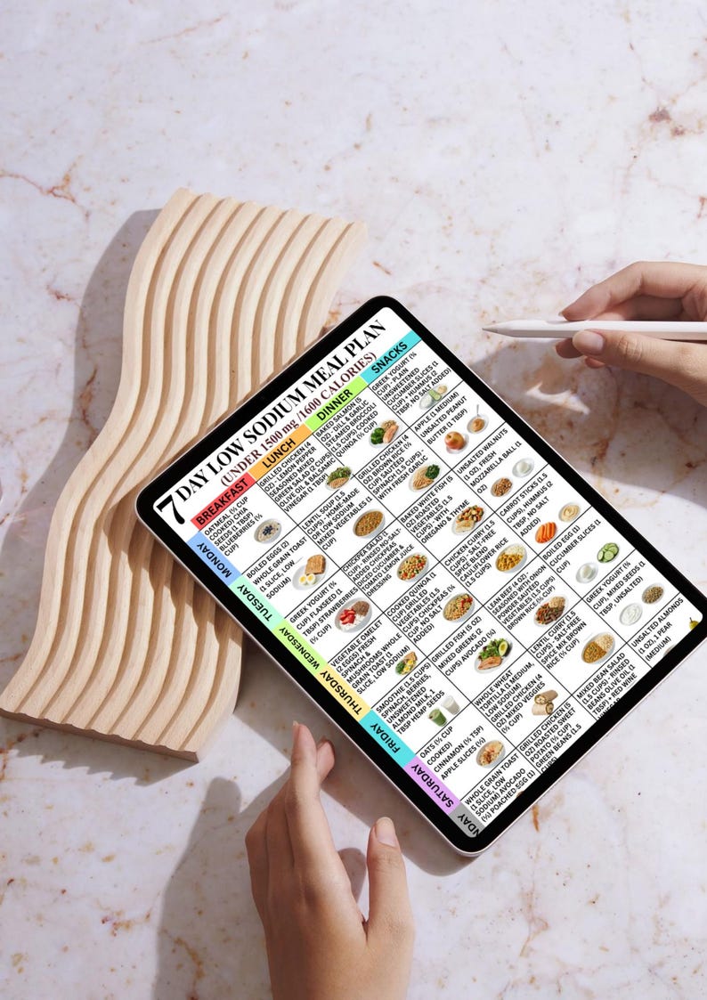 May include: A digital tablet displays a 7-day low sodium meal plan with breakfast, lunch, dinner, and snack options. The plan includes various food items and calorie counts. A wooden decorative piece is on the left.