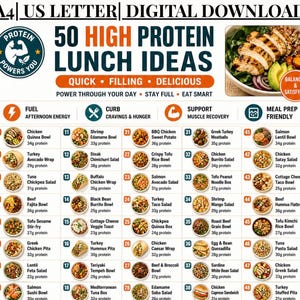 Può includere: Una guida in download digitale intitolata 50 High Protein Lunch Ideas che presenta un elenco di 48 opzioni di pasto numerate con contenuto proteico. Il documento include un logo circolare con un'icona di bicipite e una foto di una ciotola.