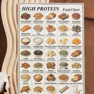 May include: A high-protein food chart featuring various food items like steak, chicken, fish, and dairy products. The chart includes the protein content per serving in ounces and cups, providing a visual guide for dietary planning.