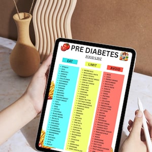 May include: A tablet displays a "Pre Diabetes Food List" with categories: Eat, Limit, and Avoid. The list includes foods like spinach, salmon, and apples. The tablet is held by a person, with a stylus visible.