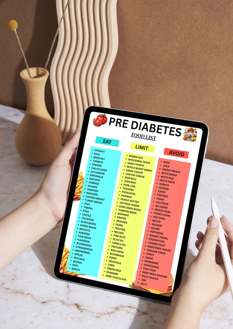 May include: A tablet displays a "Pre Diabetes Food List" with categories: Eat, Limit, and Avoid. The list includes foods like spinach, salmon, and apples. The tablet is held by a person, with a stylus visible.