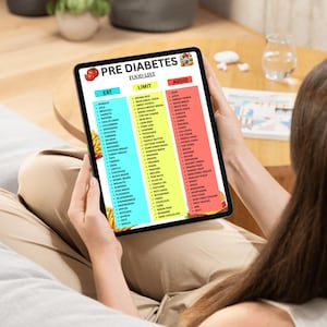 May include: A tablet displaying a "Pre Diabetes Food List" with sections for "Eat," "Limit," and "Avoid." The list includes various food items categorized by color-coded sections. The tablet is held by a person.