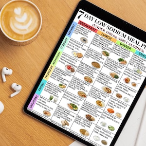 May include: A digital tablet displays a 7-day low sodium meal plan, with breakfast, lunch, dinner, and snack options. A cup of coffee with latte art and white earbuds are on a wooden surface.