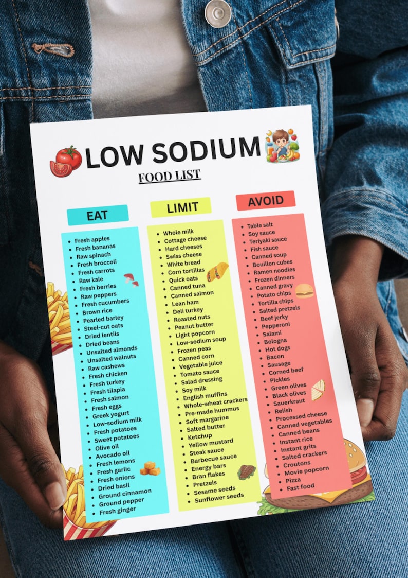 Puede incluir: Una lista de alimentos bajos en sodio con tres columnas: Comer, Limitar y Evitar. La columna Comer incluye frutas y verduras frescas. La columna Limitar enumera elementos como leche entera y at&uacute;n enlatado. La columna Evitar enumera elementos como sal de mesa y comida r&aacute;pida.