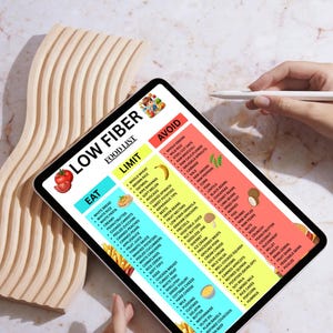 May include: A digital tablet displays a colorful "Low Fiber Food List" with "Eat," "Limit," and "Avoid" sections. The list categorizes various foods, with a tomato graphic at the top left. A hand holds a stylus near the screen.