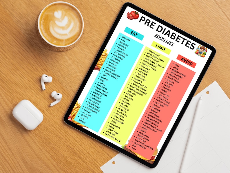 May include: A digital tablet displays a "Pre Diabetes Food List" with "Eat," "Limit," and "Avoid" sections. A cup of coffee and wireless earbuds are on a wooden surface.