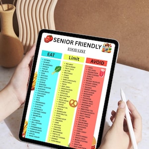 May include: A tablet displays a "Senior Friendly Food List" with "Eat," "Limit," and "Avoid" categories. The list includes foods like oatmeal, salmon, and blueberries under "Eat." The tablet is held by a person.