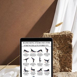 K&ouml;nnte beinhalten: Ein digitales Tablet mit einer &Uuml;bersichtstafel mit dem Titel Hamstring Exercises for Strength & Flexibility, die zw&ouml;lf illustrierte Figuren bei verschiedenen Bewegungen mit Beschreibungstext und Wiederholungszahlen zeigt.