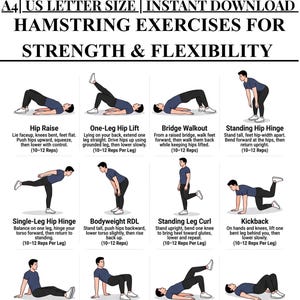 Può includere: Una tabella di esercizi digitale intitolata HAMSTRING EXERCISES FOR STRENGTH & FLEXIBILITY, disponibile nei formati A4 e US Letter. Mostra dodici illustrazioni di una persona con maglietta blu scuro e pantaloni neri che esegue vari movimenti.