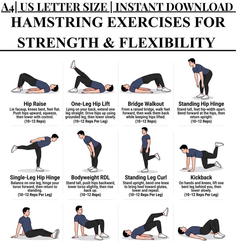 K&ouml;nnte beinhalten: Ein digitales &Uuml;bungsplakat mit dem Titel HAMSTRING EXERCISES FOR STRENGTH & FLEXIBILITY, verf&uuml;gbar in A4 und US Letter Format. Es zeigt zw&ouml;lf Illustrationen einer Person in einem dunkelblauen Shirt und schwarzer Hose bei verschiedenen &Uuml;bungen.