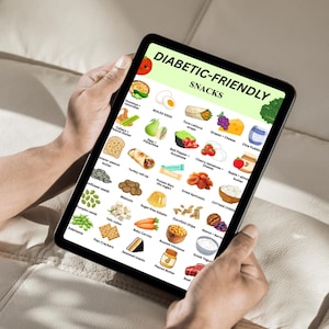 Puede incluir: Una tableta muestra una colorida infograf&iacute;a titulada "SNACKS PARA DIAB&Eacute;TICOS". La imagen muestra varias opciones de snacks saludables, incluyendo frutas, verduras, frutos secos y otros alimentos. La tableta est&aacute; sujeta por una persona.
