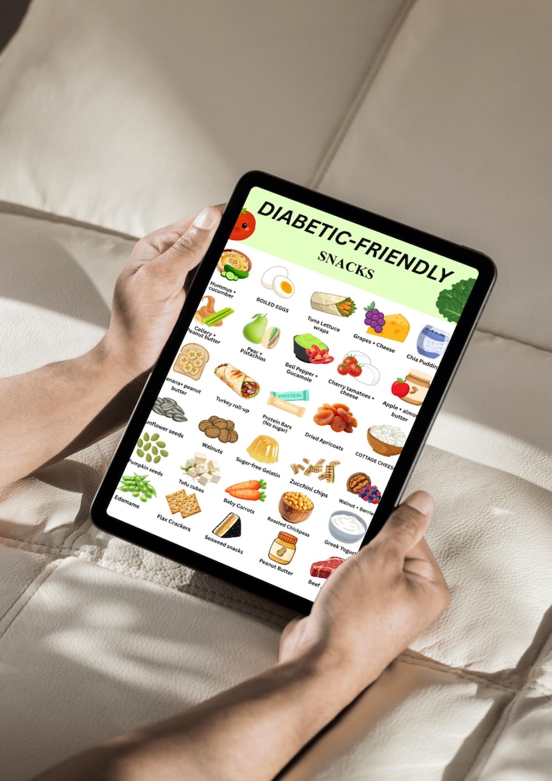 Puede incluir: Una tableta muestra una colorida infograf&iacute;a titulada "SNACKS PARA DIAB&Eacute;TICOS". La imagen muestra varias opciones de snacks saludables, incluyendo frutas, verduras, frutos secos y otros alimentos. La tableta est&aacute; sujeta por una persona.