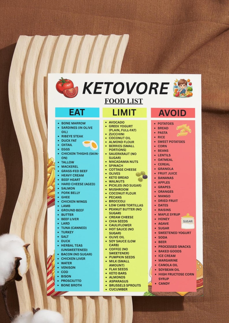 May include: A colorful Ketovore food list poster with three columns: Eat, Limit, and Avoid. The Eat column lists foods like bone marrow and duck fat. The Limit column includes avocado and zucchini. The Avoid column lists potatoes and bread.